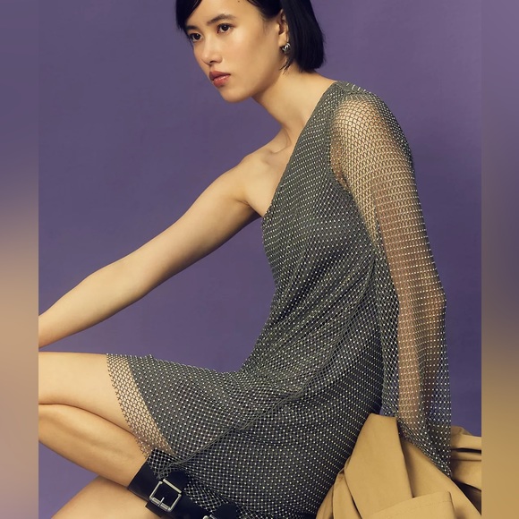 Anthropologie Sunday in Brooklyn One-Shoulder Mesh Shine Mini Dress - Picture 9 of 15